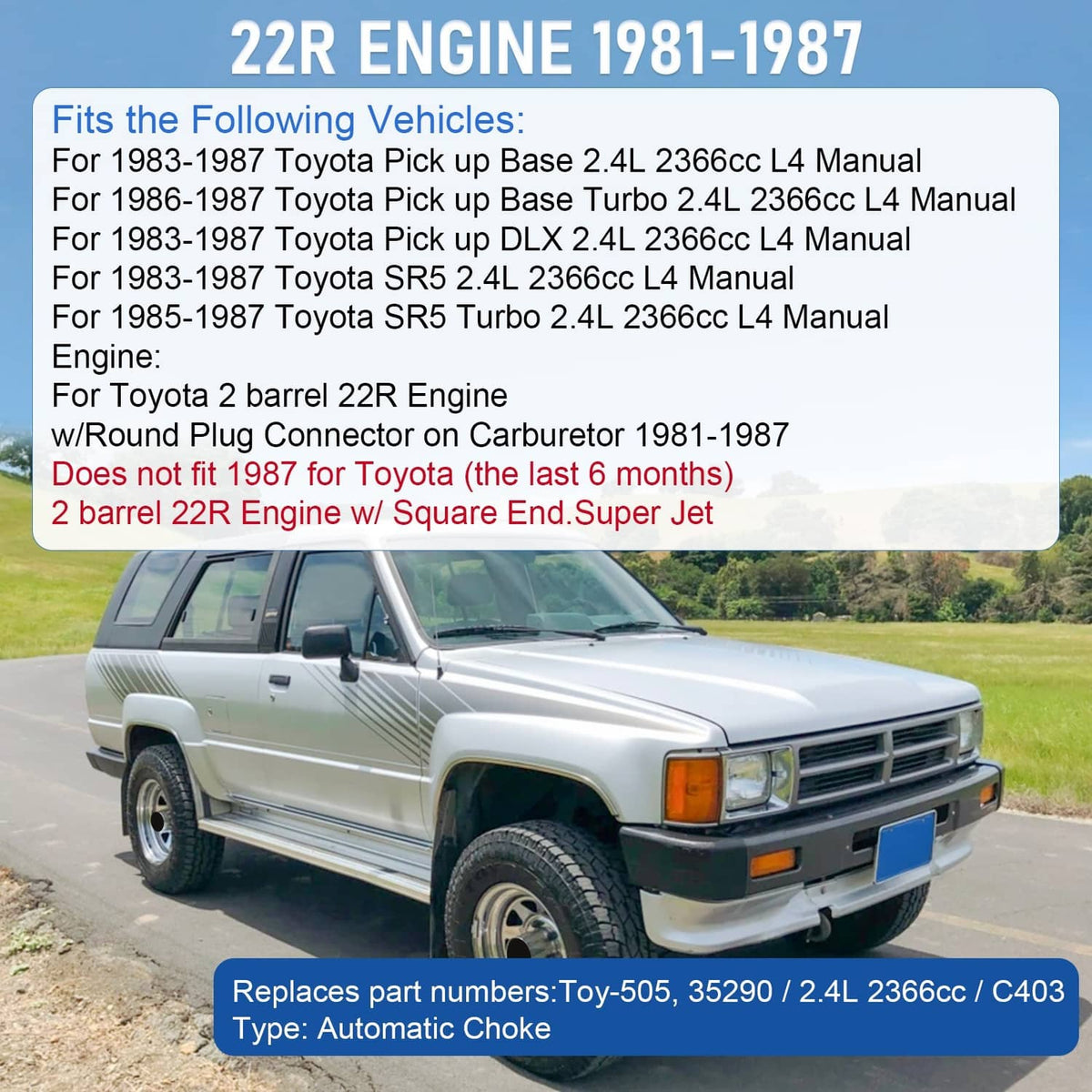 Solidspare 22R Engine Carburetor Carb For 1981-1995 Toyota Pickup 21100-35520 L4 L6 V6