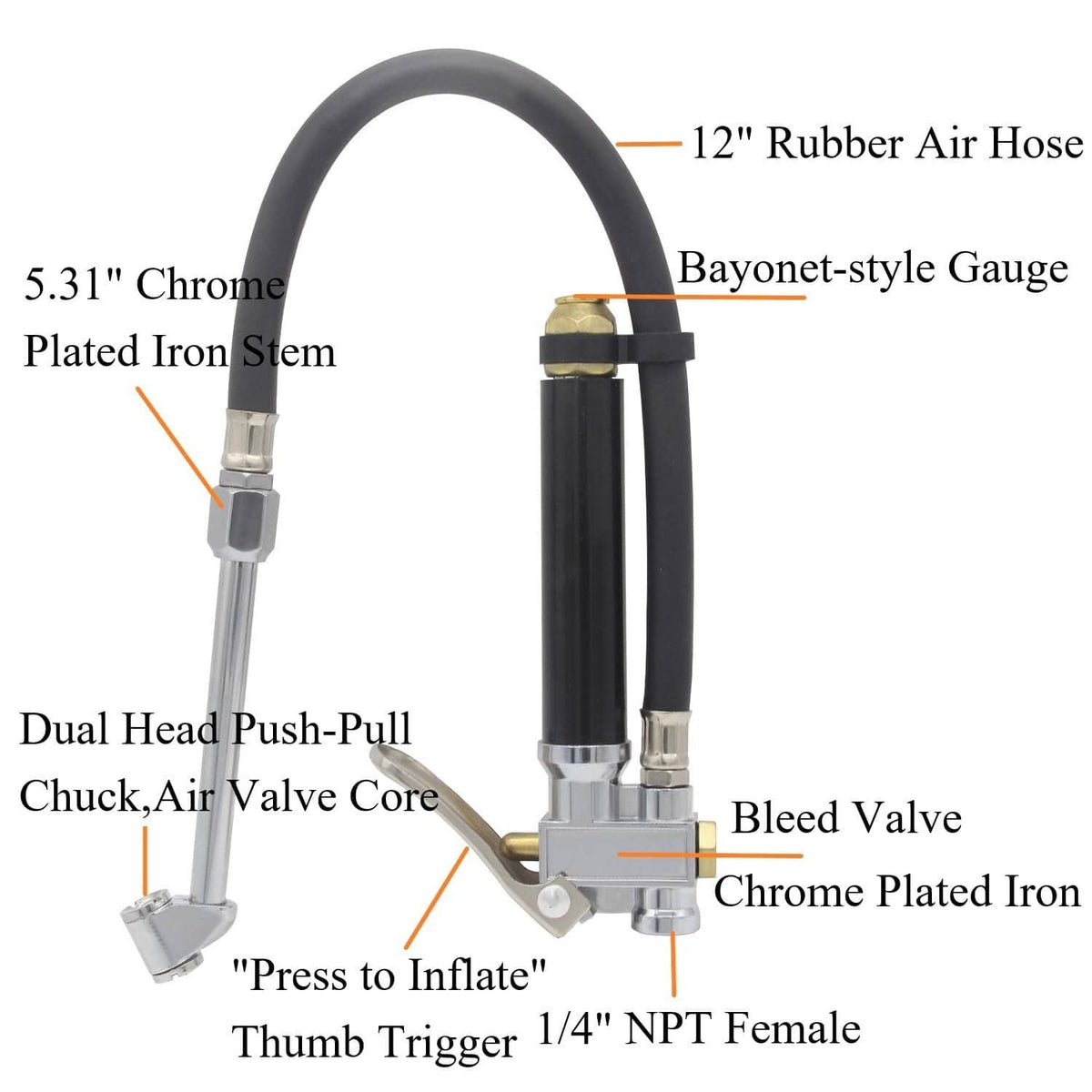 Solid Spare Air Tire Inflator With Pressure Gauge (10-120 PSI) Dual Head Chuck for Car Truck