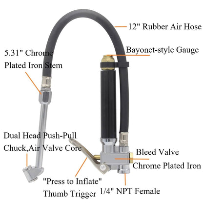 Solid Spare Air Tire Inflator With Pressure Gauge (10-120 PSI) Dual Head Chuck for Car Truck