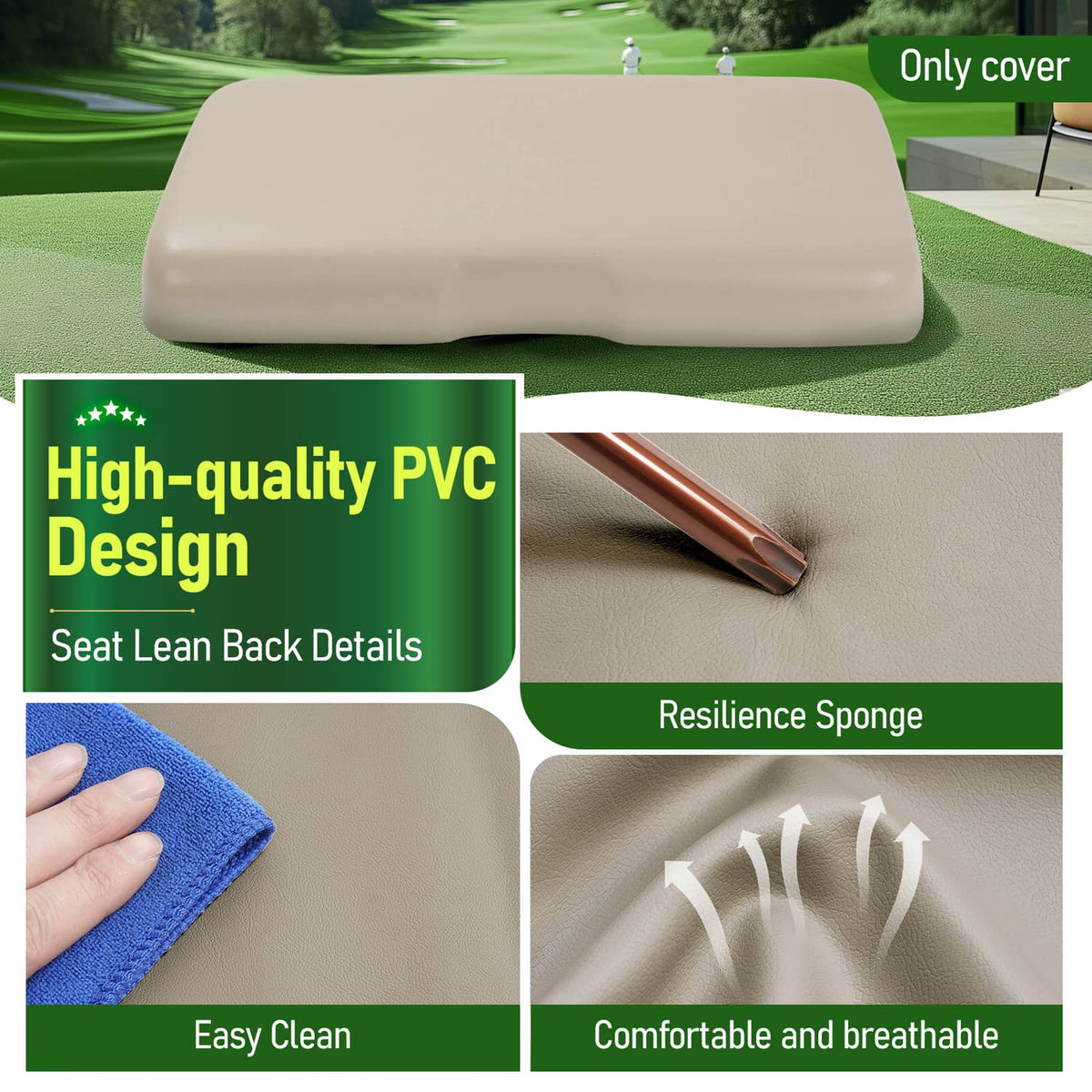 Solidspare Tan Golf Cart Front Seat Cushion Cover + Seat Back Cover For EZGO RXV 2008-Up