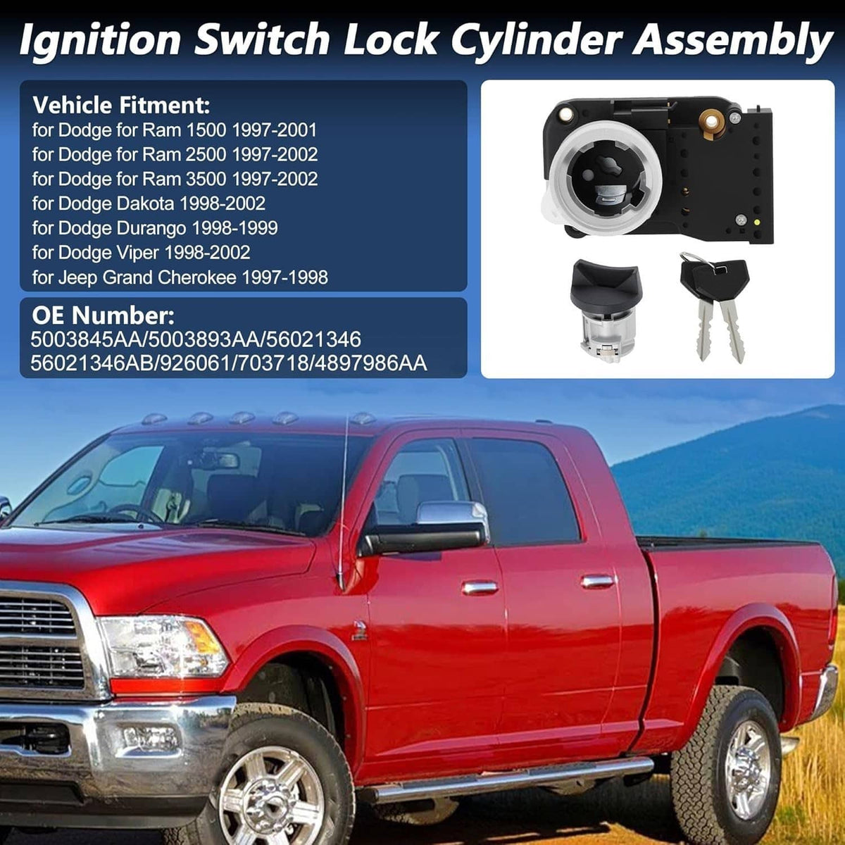 Solidspare Ignition Switch Lock Cylinder Assembly w/2 Key For 1994-2001 Dodge Ram 1500 2500