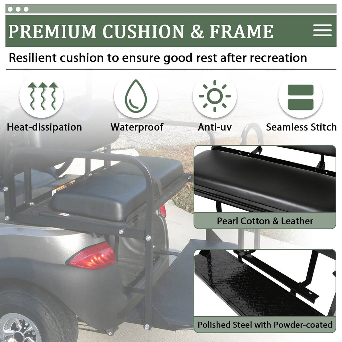 Solidspare Golf Cart Flip Rear Back Seat Kit Black Cushion For Club Car DS 00-13 w/Grab Bar