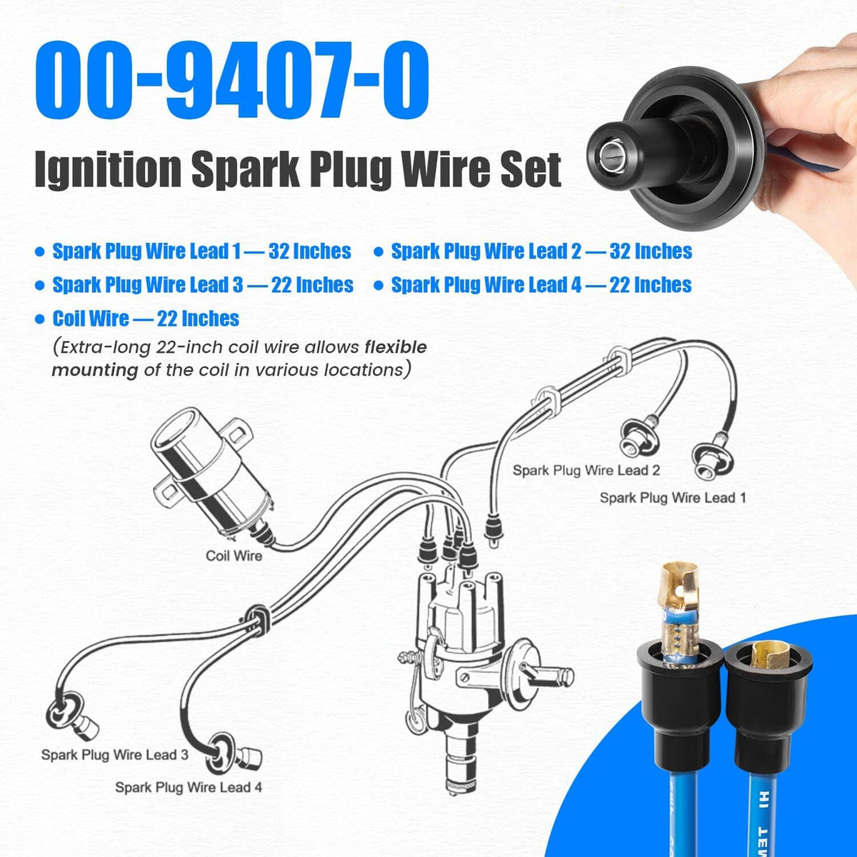 Solid Spare 9407 Blue Ignition Spark Plug Wire Set for Vw Dune Buggy Bug Beetle GHIA Thing