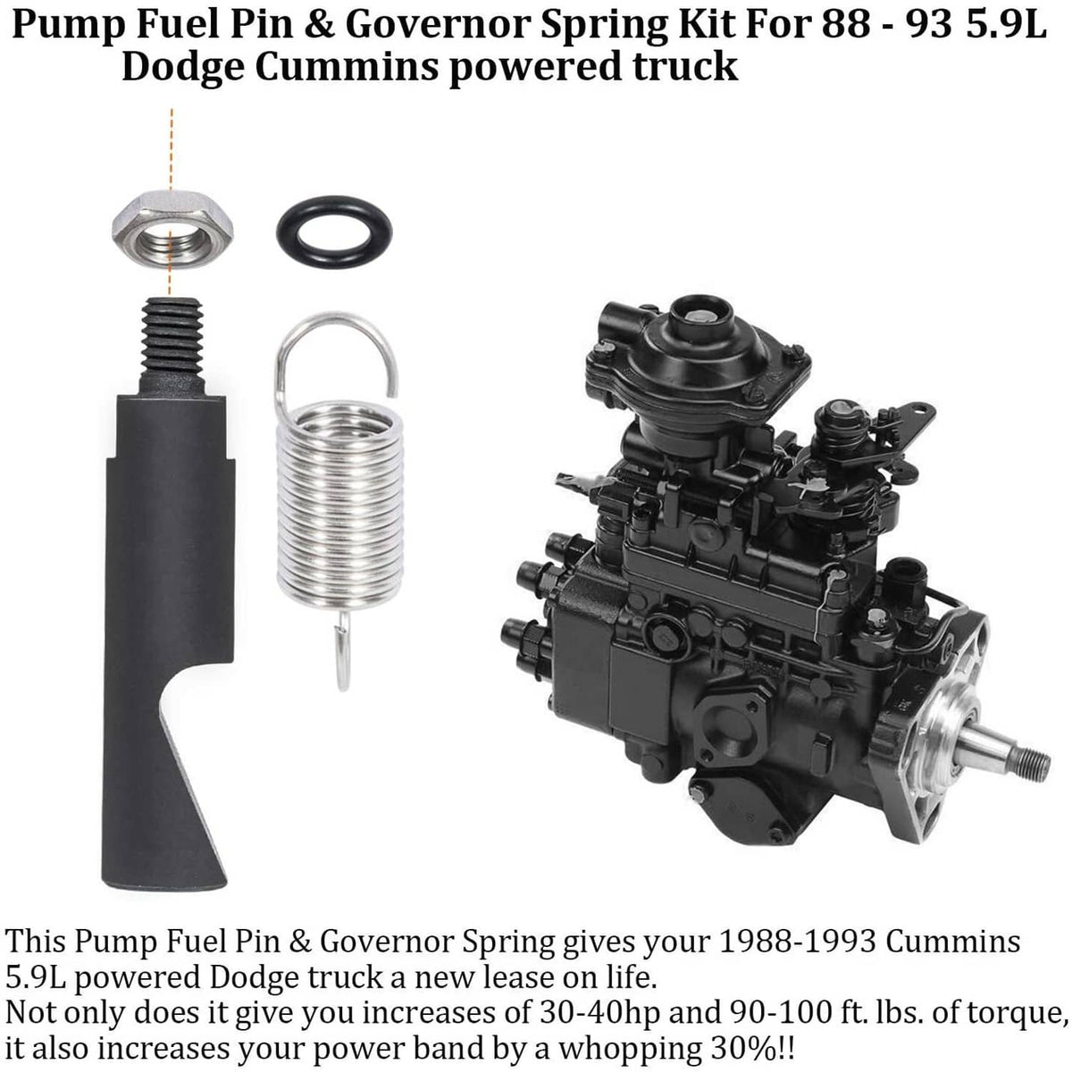 Solid Spare Pump Fuel Pin & 3200 RPM Governor Spring Kit for 1988-1993 Dodge Cummins 5.9L VE