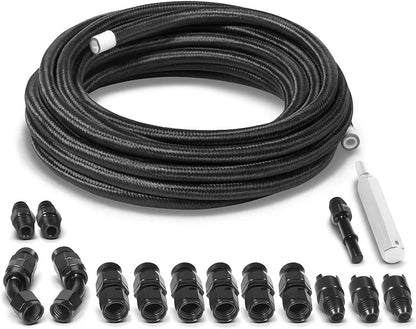Solidspare 6AN 3/8” PTFE Fuel Line Kit w/Nylon Stainless Braided Fuel Hose 25FT (16Pcs)