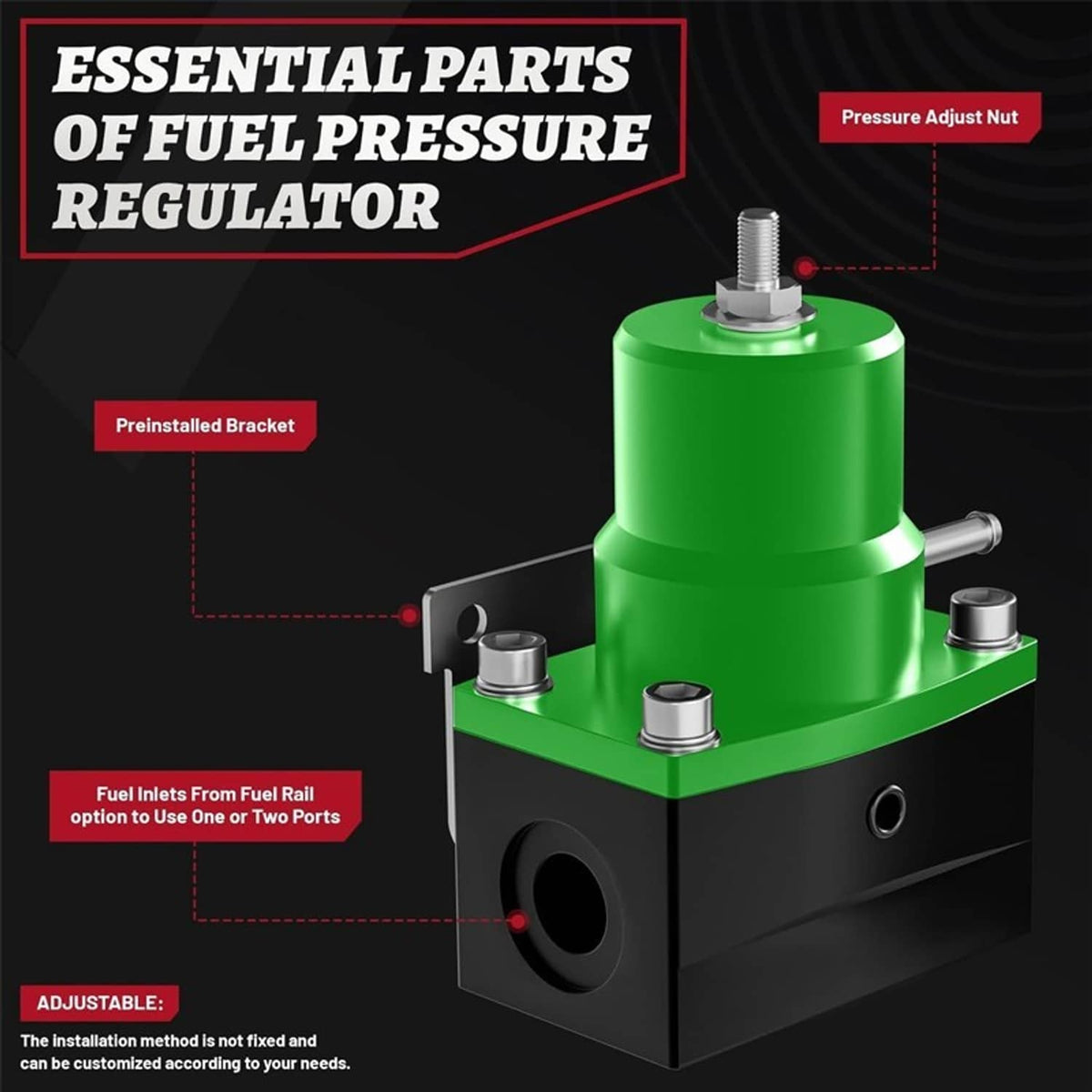 Solidspare New Adjustable Fuel Pressure Regulator Kit Oil 0-100psi Gauge -6AN Black & Green