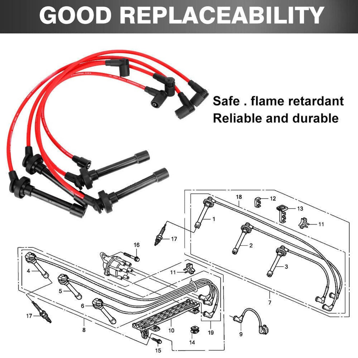 Solidspare Spark Plug Wire Set For 1992-00 Honda Civic Del Sol EG EK EJ D15/D16 Spiral Core