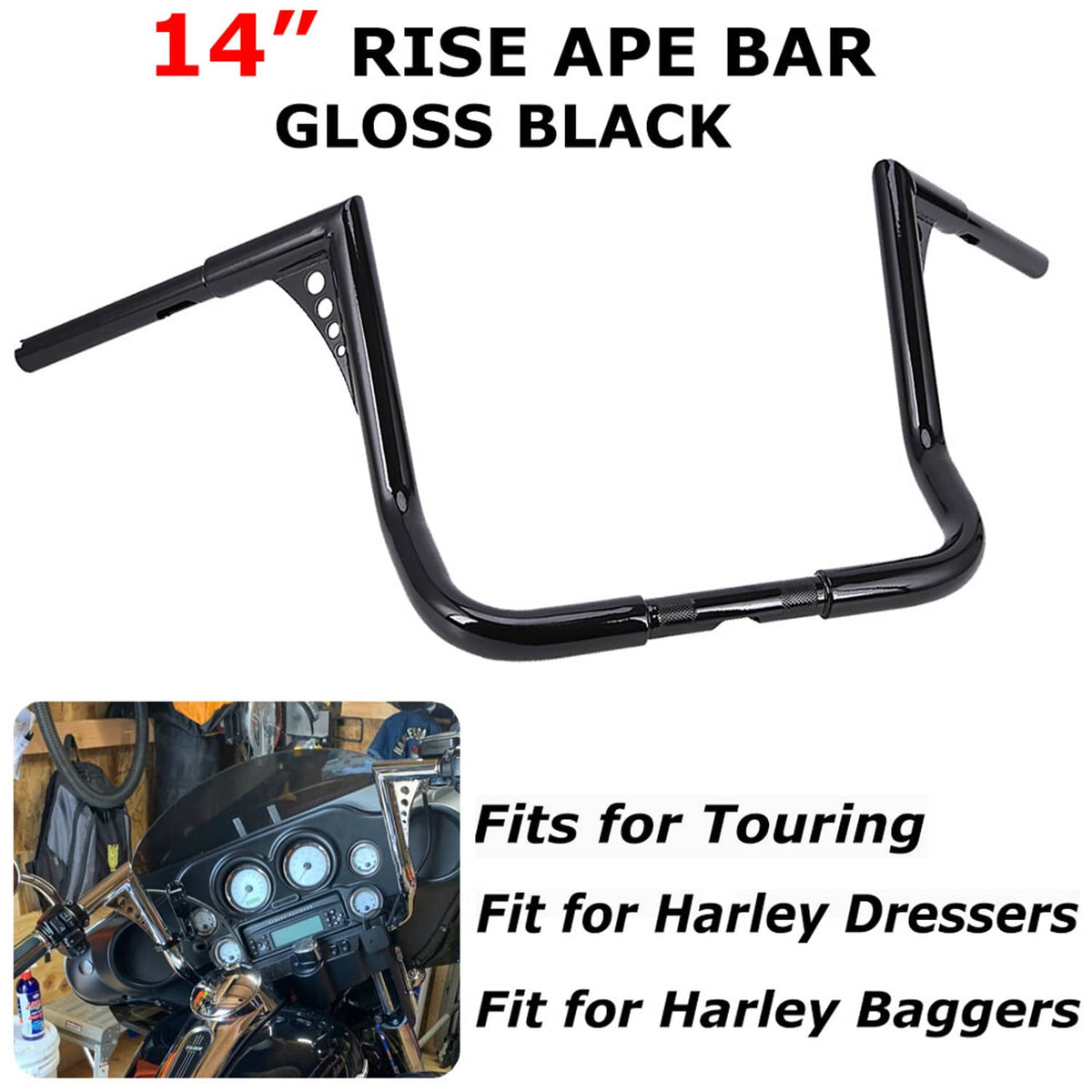 Solidspare 14" Rise Ape Hanger Handlebar Black for Harley Road King Electra / Street Glide