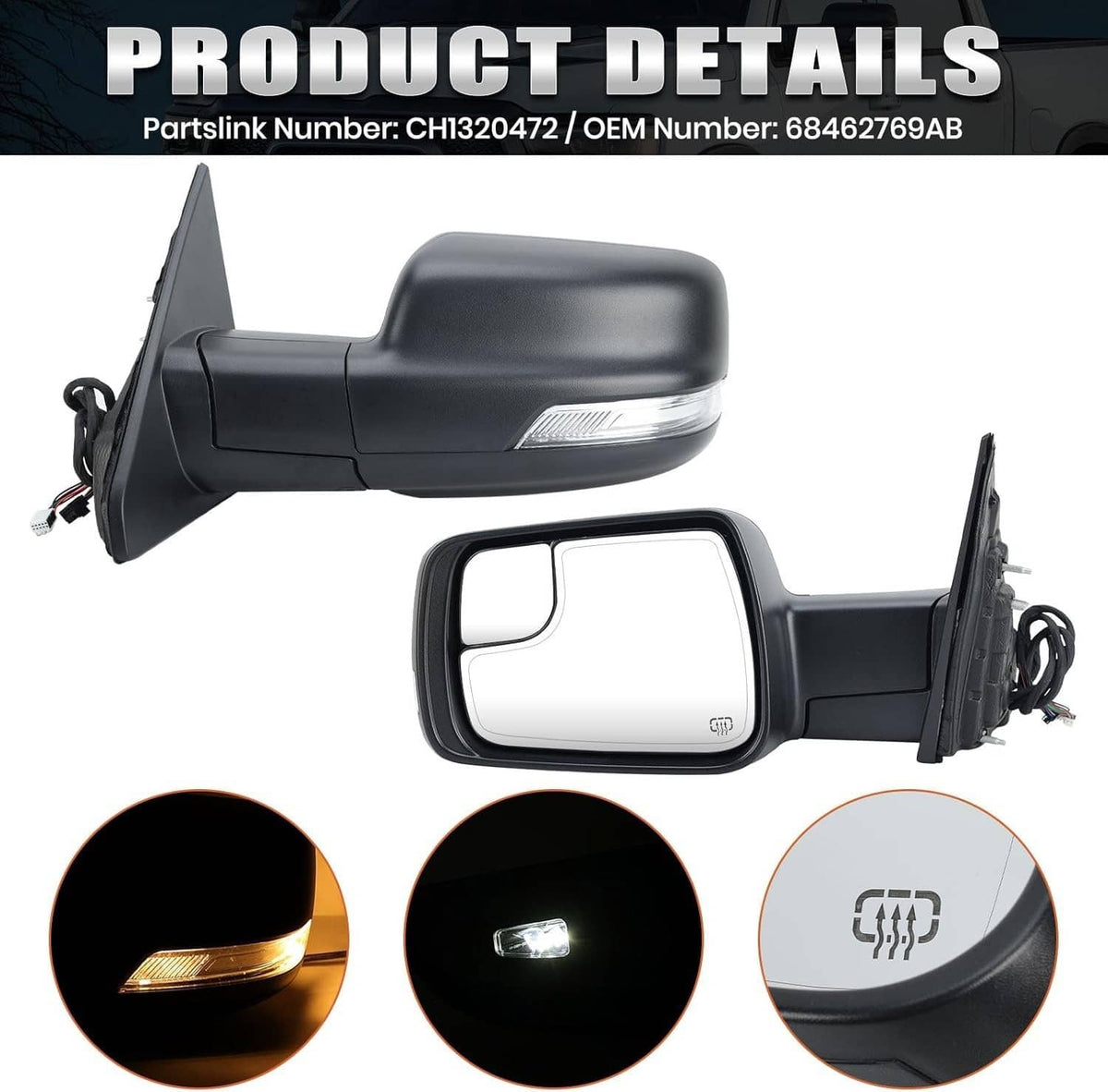 Solidspare New For 2019-24 Ram 1500 Mirror Heated Power Folding Driver Left Side 68462769AB