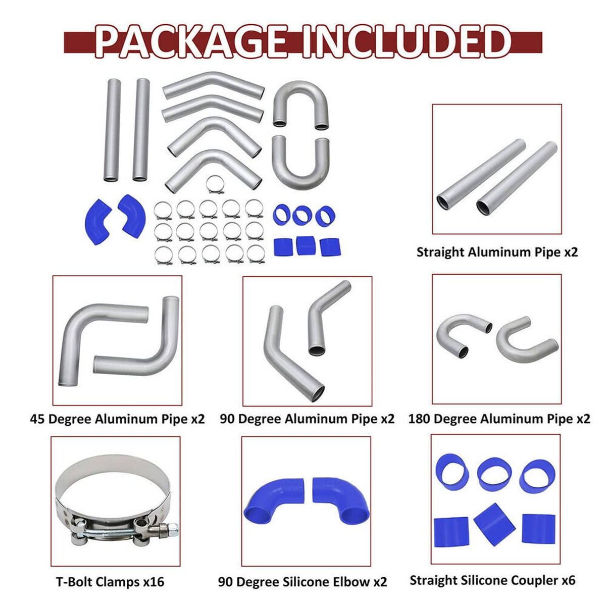Solidspare 3" DIY Polished Intercooler Piping w/ U Pipe Blue Silicone Coupler + Clamp Kit