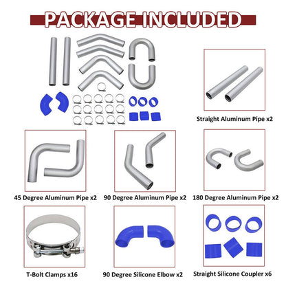 Solidspare 3" DIY Polished Intercooler Piping w/ U Pipe Blue Silicone Coupler + Clamp Kit