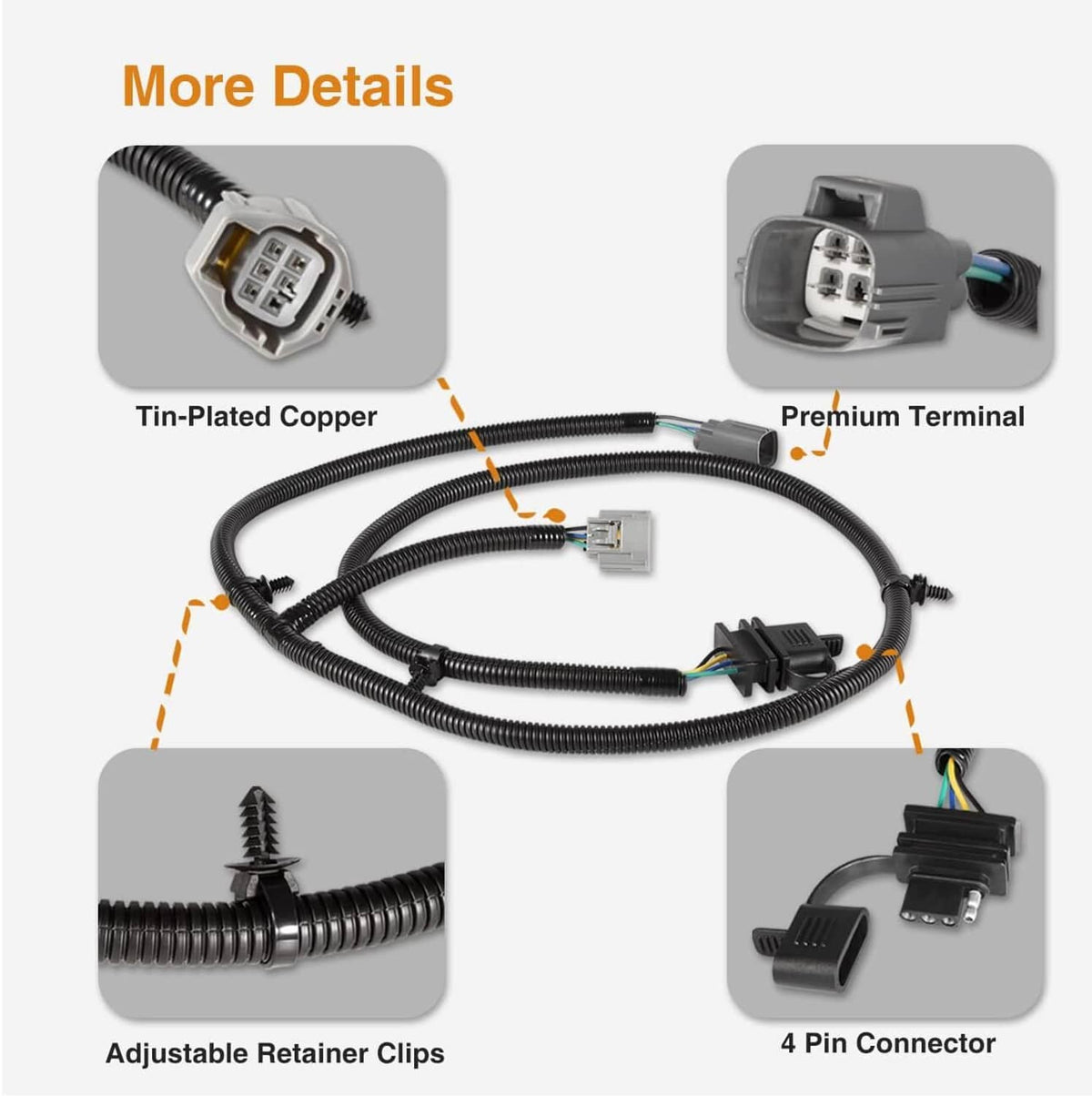 Solid Spare For 07-18 Jeep Wrangler JK 70.5" 4-Way Tow Hitch Trailer Wiring Harness 92015