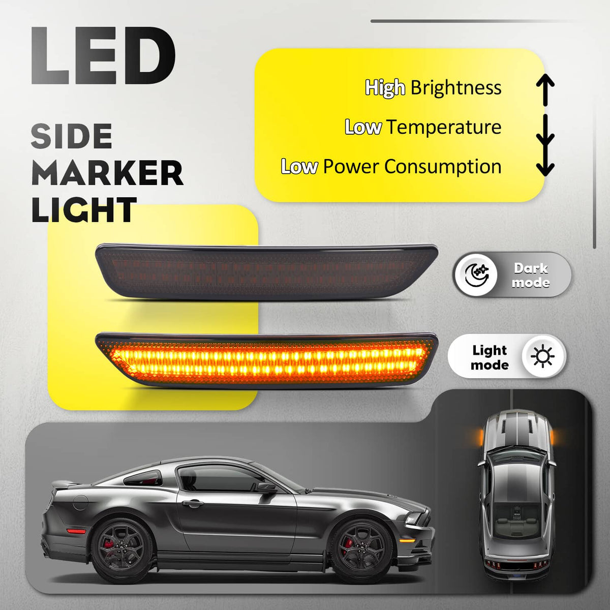Solid Spare 2XLED Front Bumper Side Marker Light Smoke Lens Amber For Ford Mustang 2010-2014
