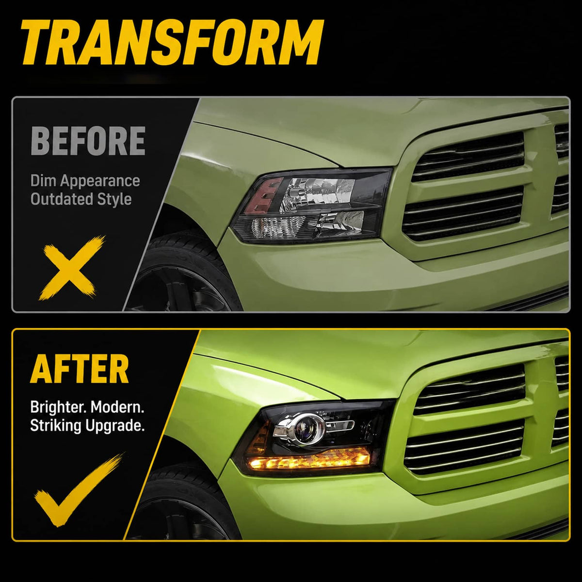 Solidspare New For 2009-2018 Dodge Ram 1500 2500 3500 Black Projector Headlights w/ LED DRL