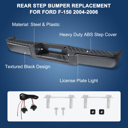 Solidspare Black Rear Setp Bumper w/LED Light for 2004-2006 Ford F150 w/o Sensor Hole New