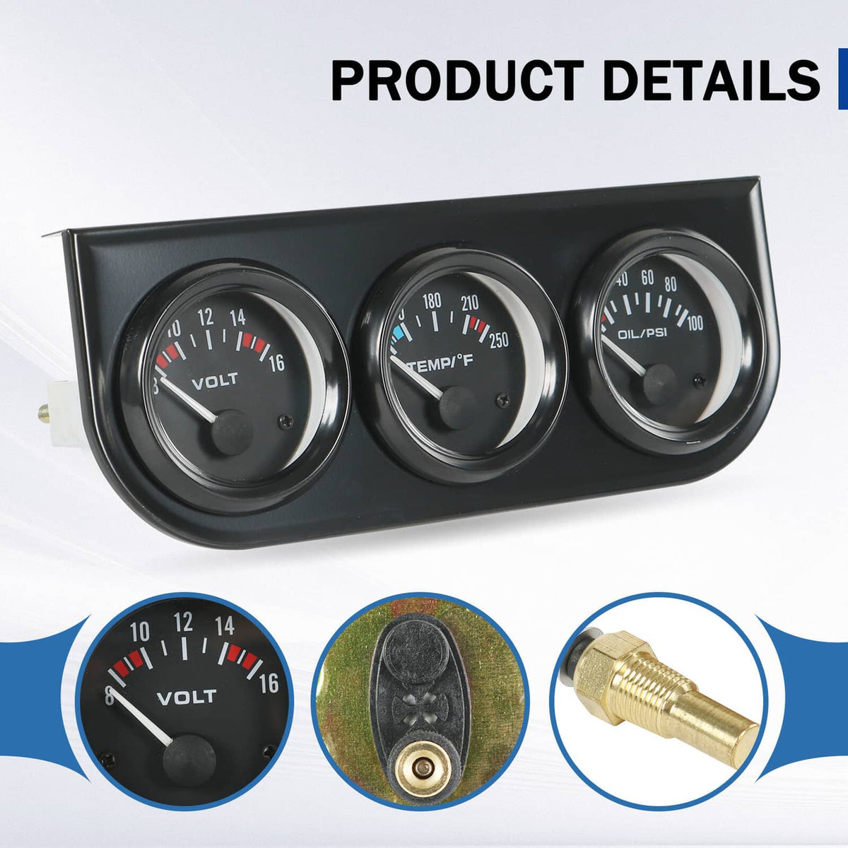 Solidspare 2" 3-in-1 Auto Car Triple Gauge Set Water Temp Oil Pressure Volt Meter Kit 52mm