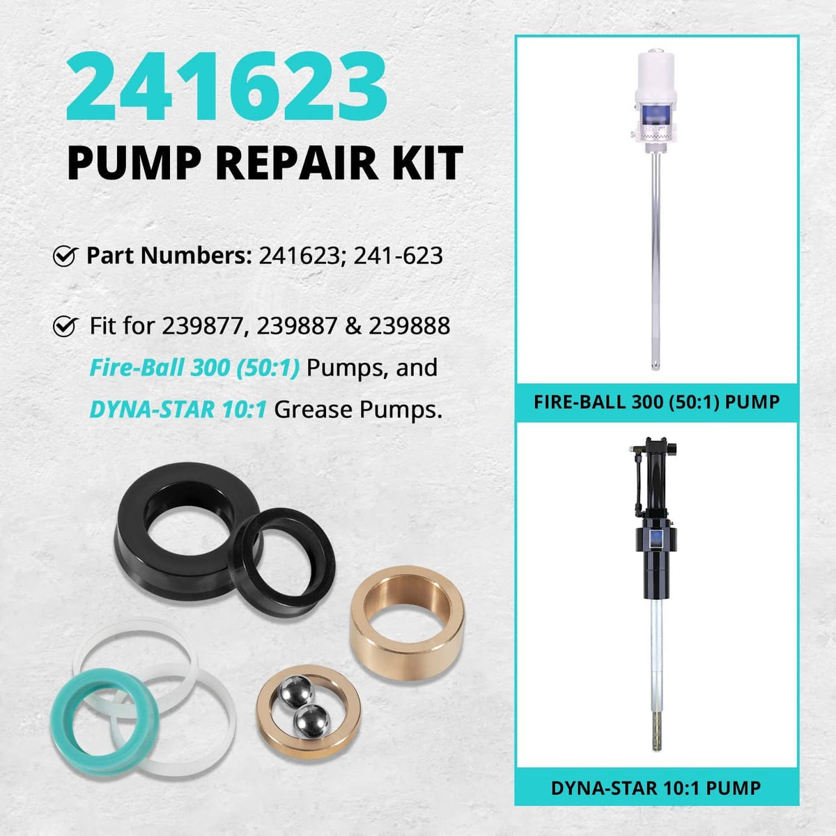 Solidspare 241623 Pump Repair Kit Fit for Fireball 300 (50:1) & Dynastar 10:1 Grease Pumps