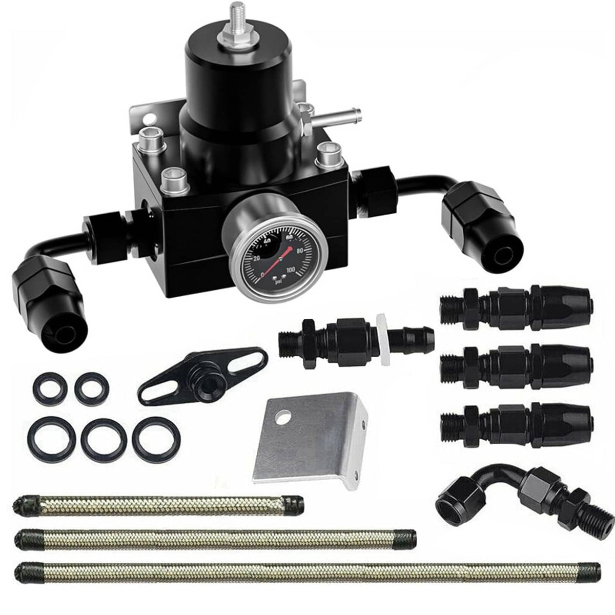 Solidspare Universal Adjustable Fuel Pressure Regulator Kit 100psi Guage AN6 Fitting Black