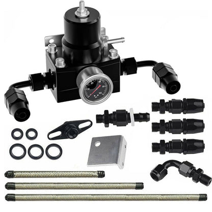 Solidspare Universal Adjustable Fuel Pressure Regulator Kit 100psi Guage AN6 Fitting Black