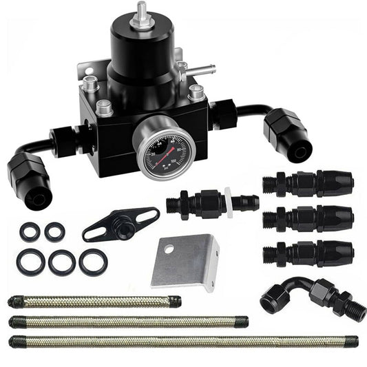 Solidspare Universal Adjustable Fuel Pressure Regulator Kit 100psi Guage AN6 Fitting Black
