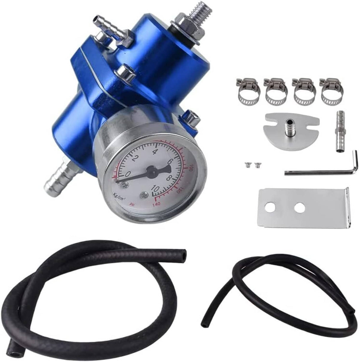 Solidspare Aluminum Adjustable Fuel Pressure Regulator + Gauge+ Fitting Kit Blue Universal