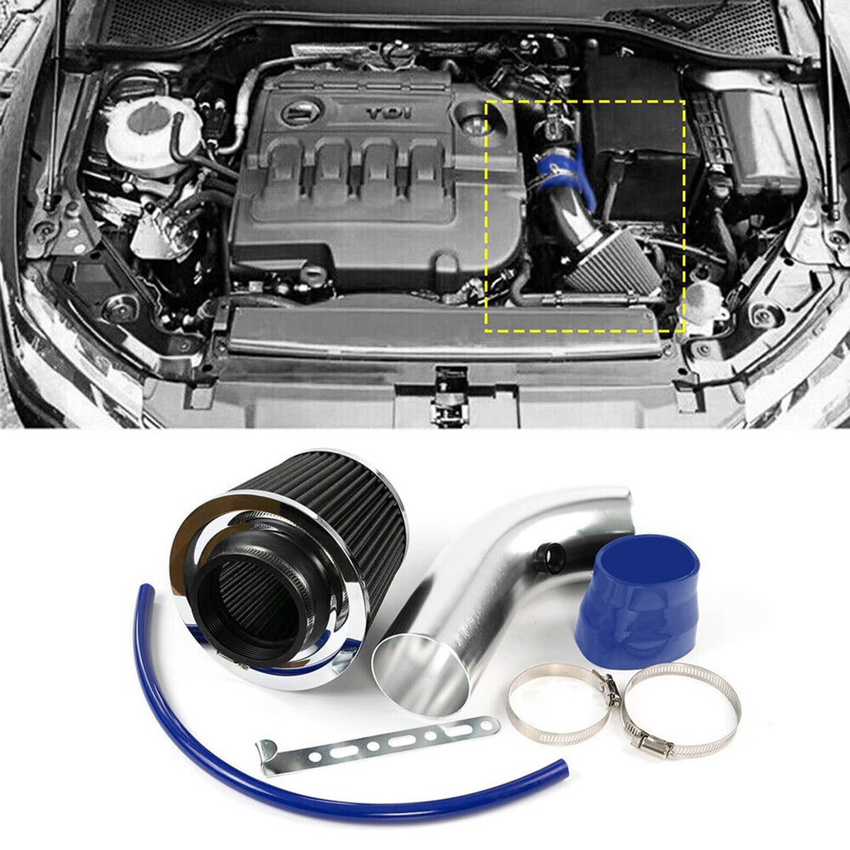 Solidspare 3" Car Cold Air Intake Filter Induction Kit Pipe Flow Hose System 76mm Alumimum