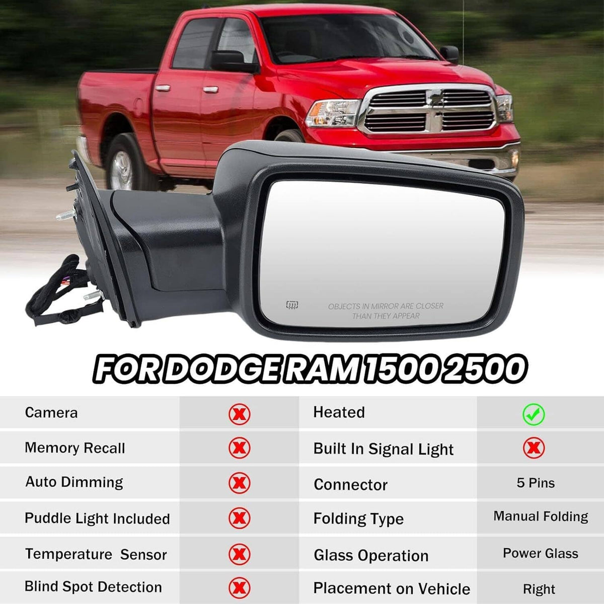 Solidspare Right/Passenger Side For 13-19 Ram 1500 Manual Fold+Heated+LED Signal Mirror New