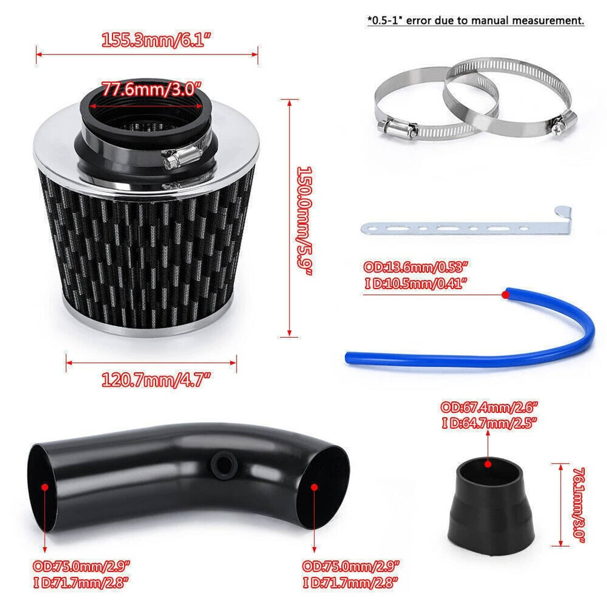 Solidspare Automotive 3" Universal Cold Air Intake Kit Induction Flow Pipe Kit Aluminium