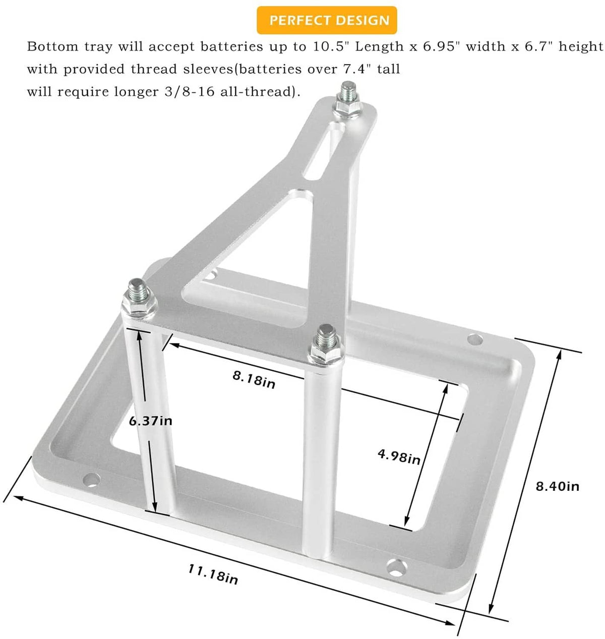 Solid Spare Universal Aluminum Battery Tray Hold Down Trunk Relocation Box 551181