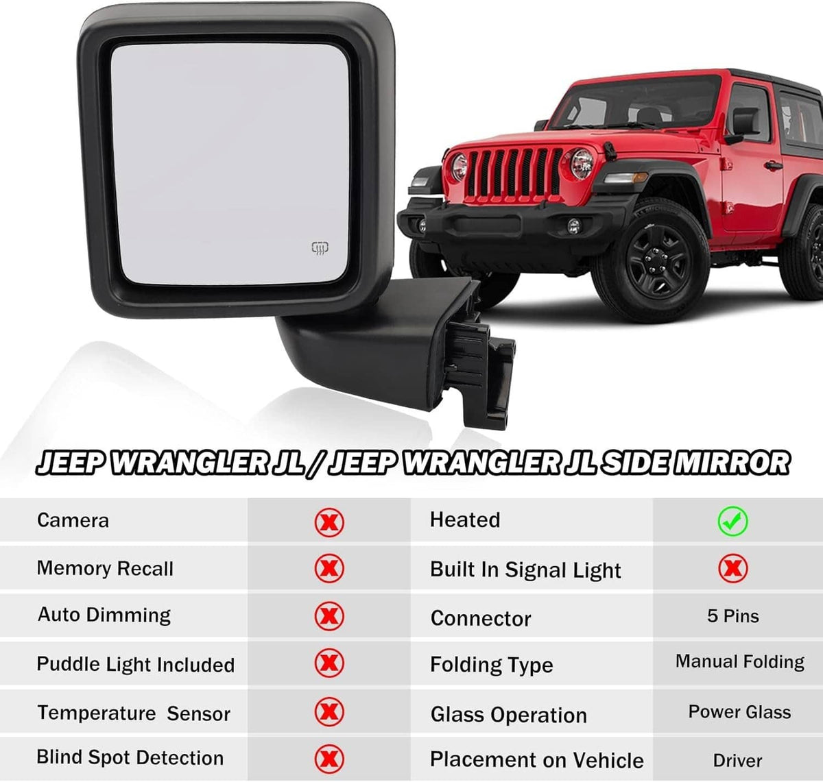 Solidspare Left Driver Side Power Heated Mirror Rear For 2018-2024 Jeep Wrangler Gladiator