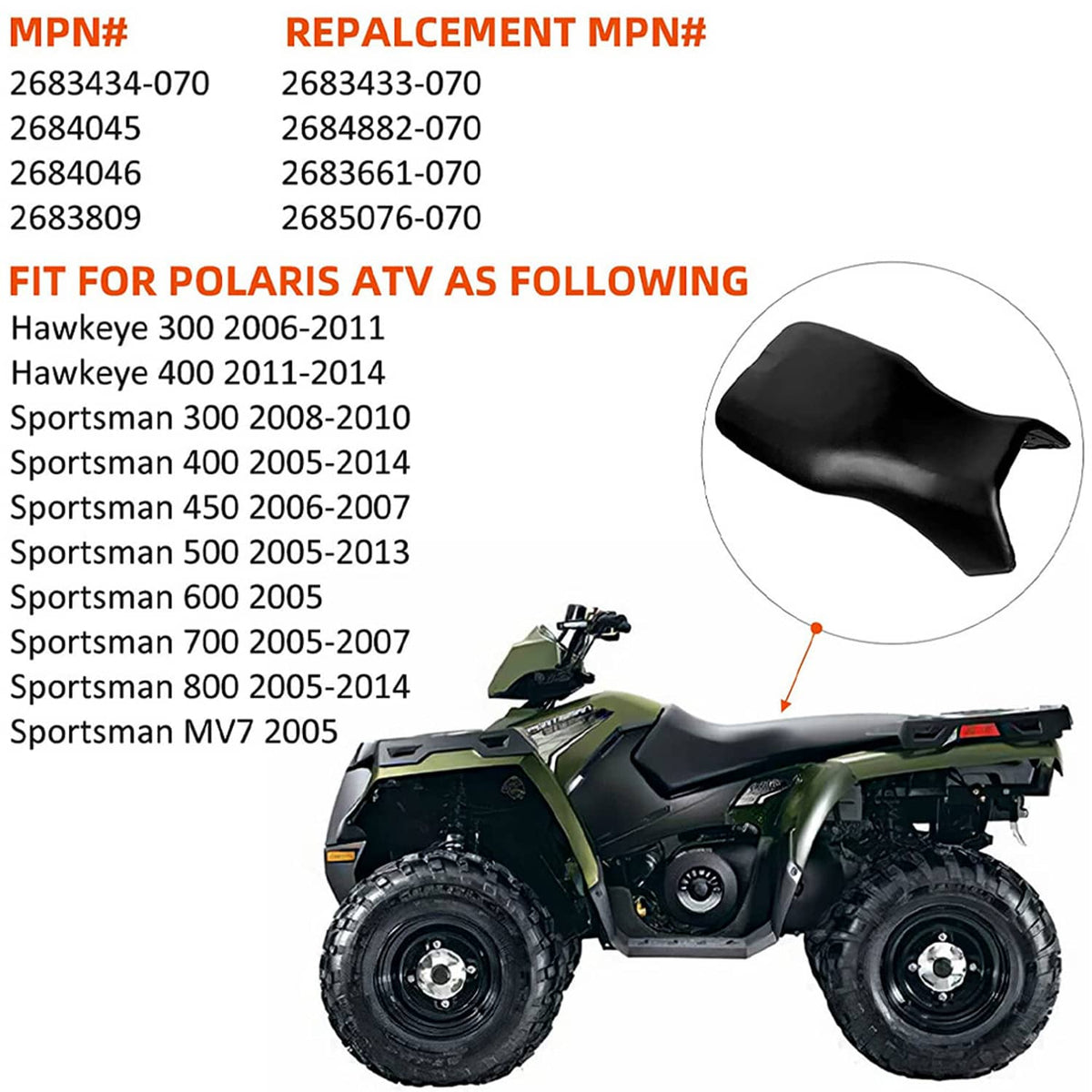 Solidspare ATV Seat Black for Polaris Sportsman 500 700 800 2005-2013 (Except Touring X2)