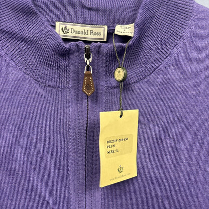 Men's L Donald Ross Sleeveless 1/4 Zip Vest Outerwear - Plum - 100 % Merino Wool