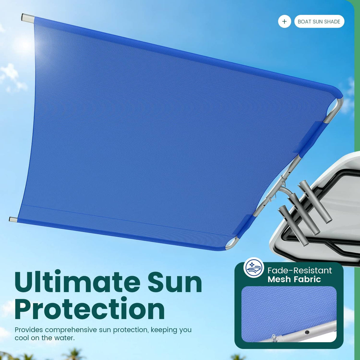 Solidspare Silvery+Blue Boat Sun Shade For Boats 25 FT And Under Aluminium Powder Coated