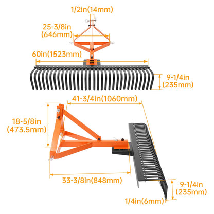 Solidspare 3 Point Landscape Rock Rake For Category 1 Tractor Attachment Gravel Lawn 60''