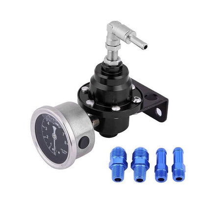 Solidspare Aluminum Universal Adjustable Fuel Pressure Regulator + Gauge+ Fitting Kit Black