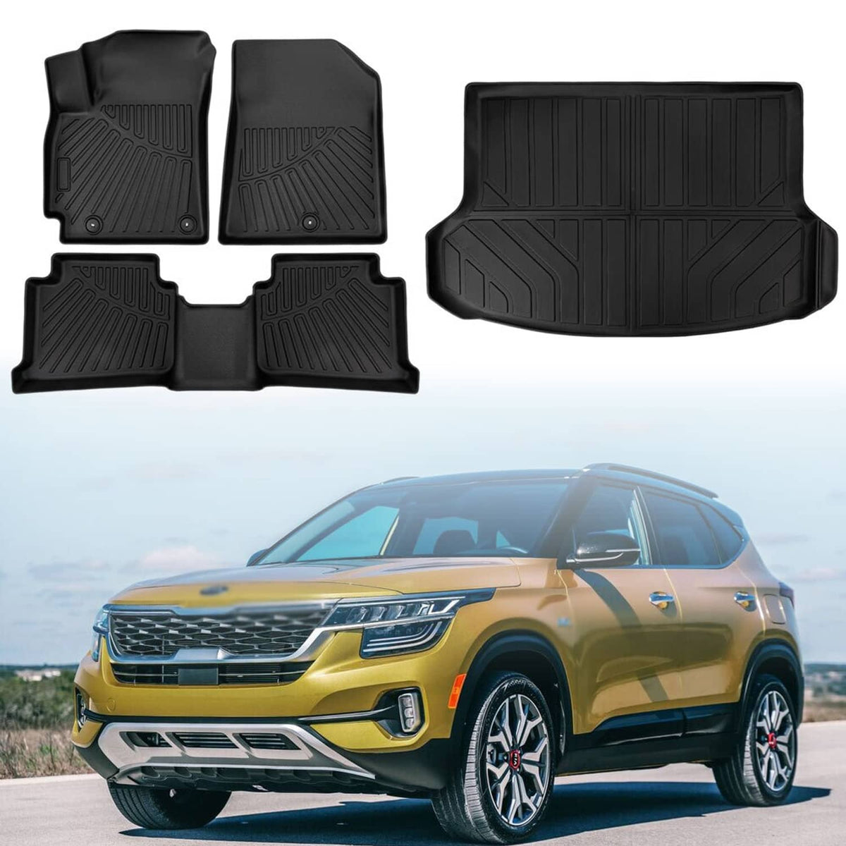 Solidspare Front Floor Mats + Rear Trunk Mat Cargo Liner TPE For 2021-2024 Kia Seltos 4Pcs