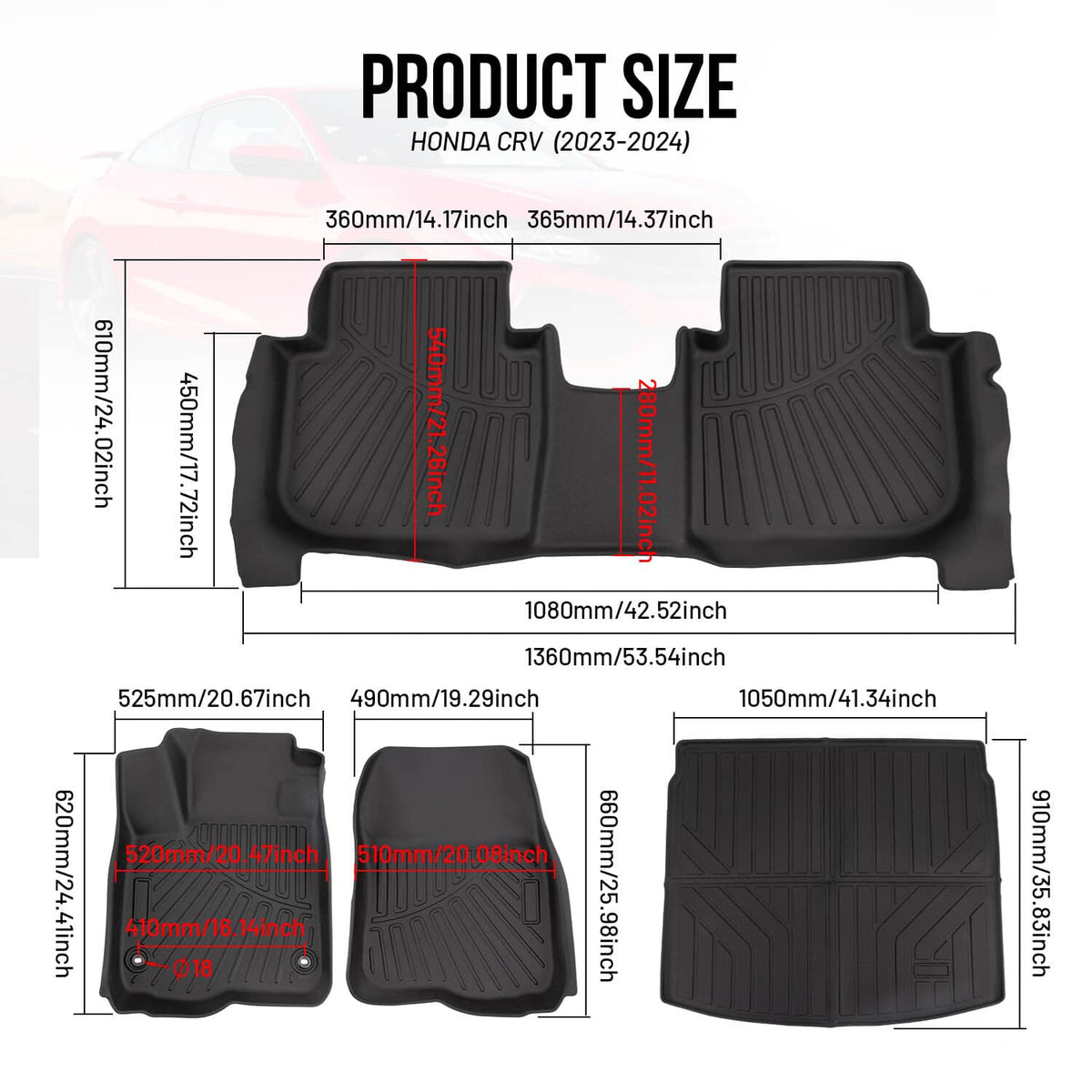 Solidspare 4Pcs/Set Floor Mats+Cargo Liner Fit for Honda CR-V CRV 2023-2025 TPE Rubber New