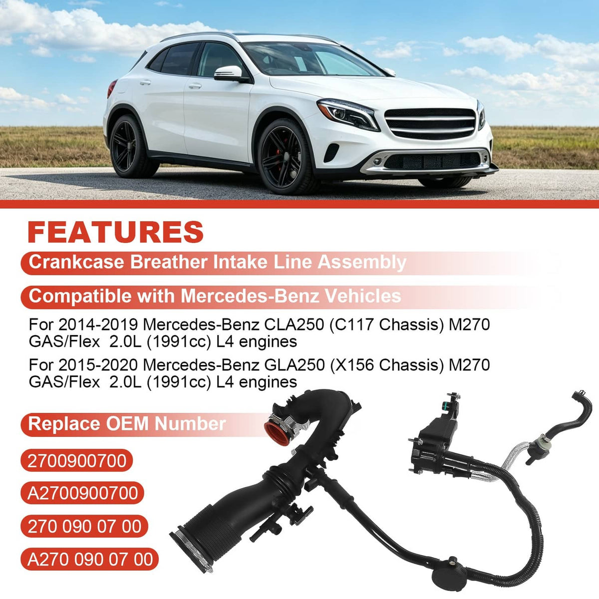 Solidspare Crankcase Breather Intake Line Fits Mercedes-Benz GLA250 CLA250 A2700900700
