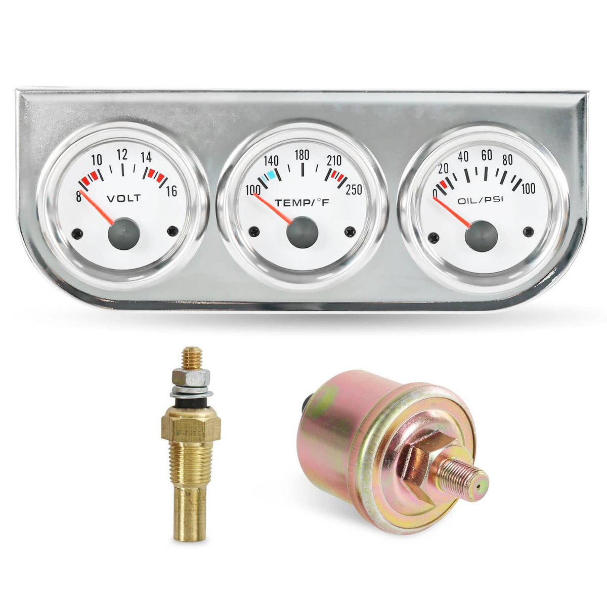 Solidspare Universal 2'' 52mm Volt Water Oil Pressure Triple 3 Gauge Set Gauges Chrome Kit