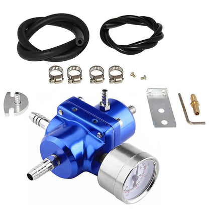 Solidspare Aluminum Adjustable Fuel Pressure Regulator + Gauge+ Fitting Kit Blue Universal