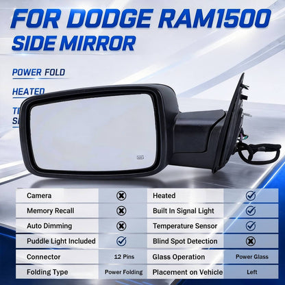 Solidspare Pair For 2013-2019 Ram 1500 Side Mirror Chrome Power Fold Heated Temper Sensor