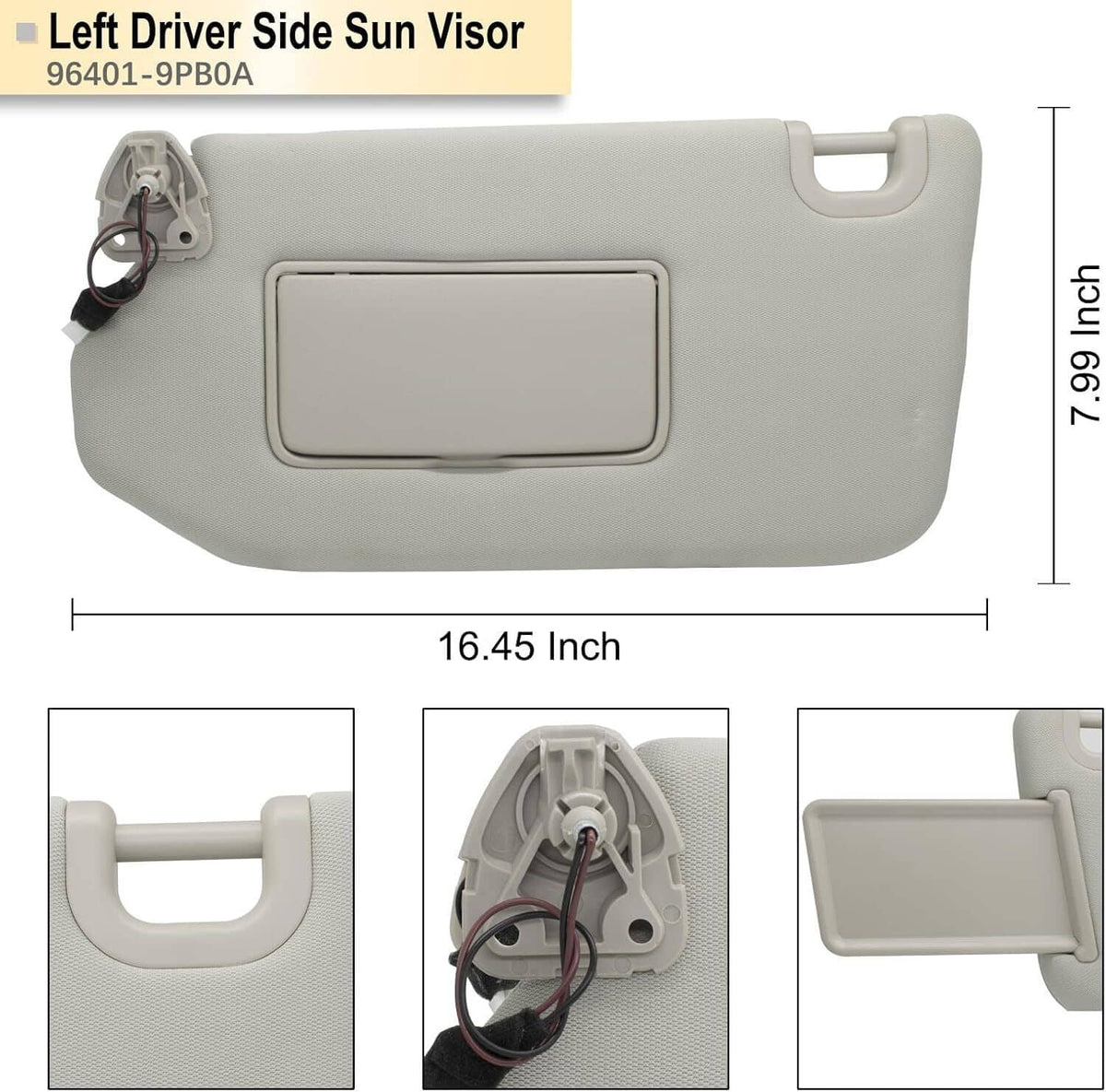 Solidspare Left Driver Gray Sun Visor With Lamp for Nissan Pathfinder 2013-2018 96401-9PB0A