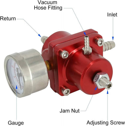 Solidspare Universal Red Adjustable Fuel Pressure Regulator + Gauge+ Fitting Kit Aluminum