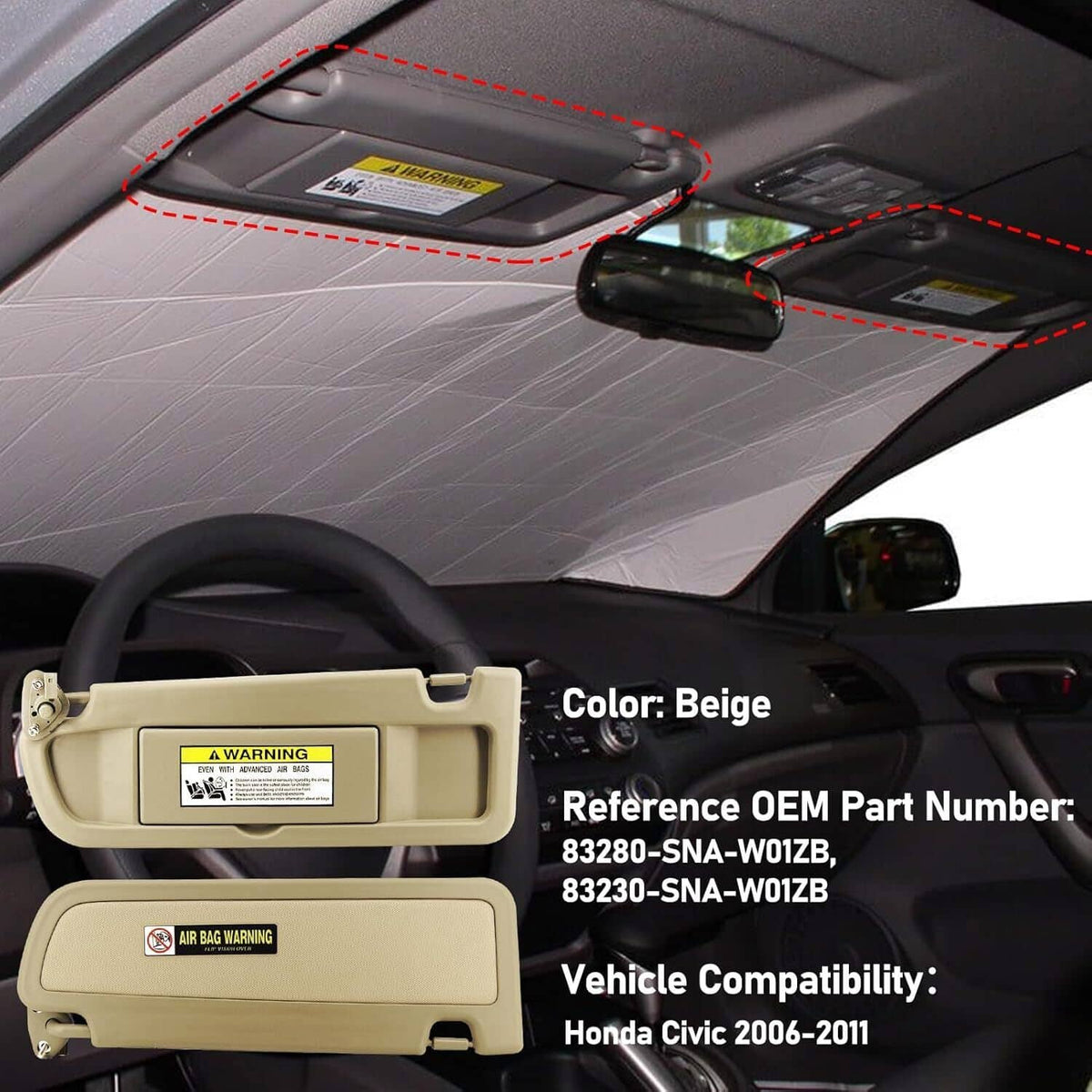 Solidspare 1Set Beige Sun Visor Left & Right Visor Kit For 2006-2011 Honda Civic Visors