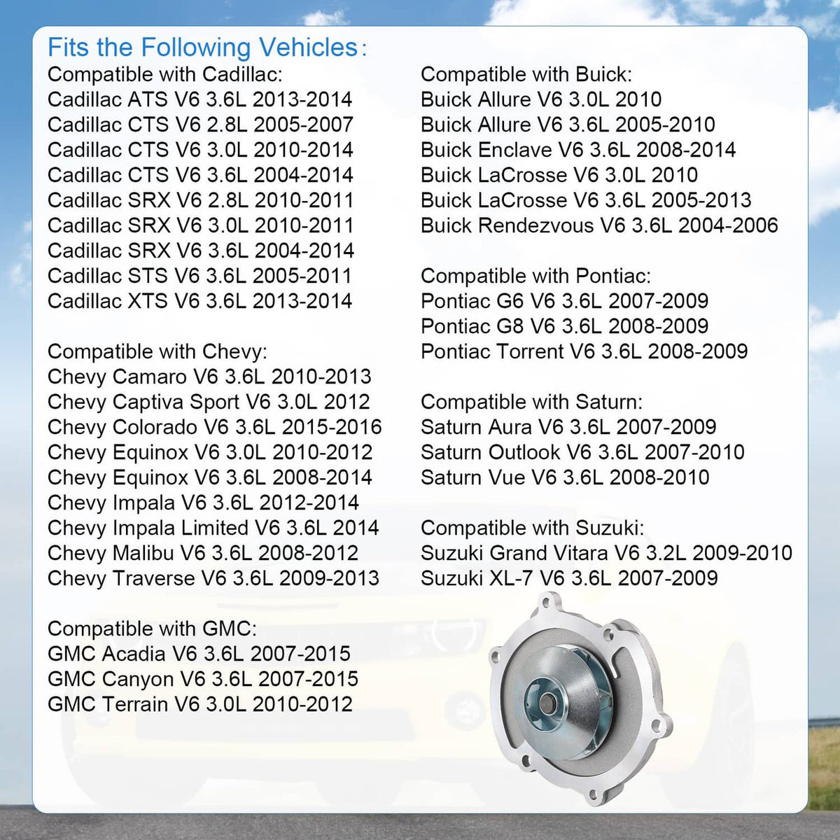 Solidspare Water Pump AW5103 for 2004-2017 Buick Cadillac Chevrolet GMC V6 2.8L 3.0L 3.6L