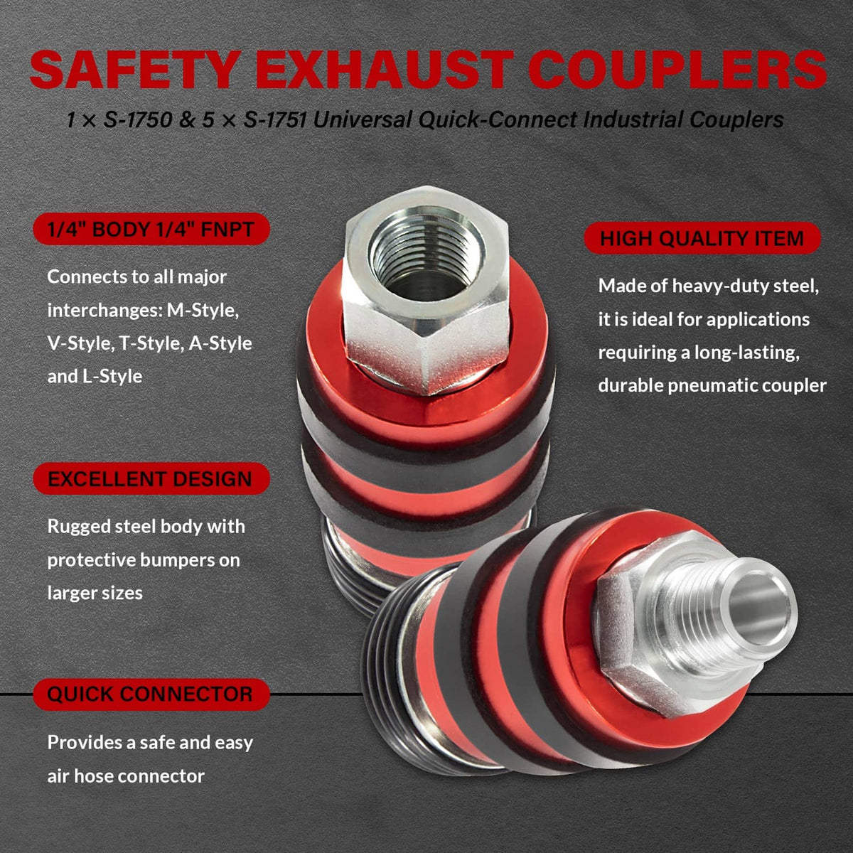 Solidspare S-1750 S-1751 Universal Quick-Connect Industrial Couplers 1/4" M/FNPT 1/4" Body