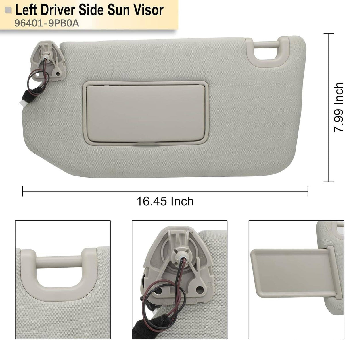 Solidspare Sun Visor With Lamp Left Driver Gray for 2013-2018 Nissan Pathfinder 96401-9PB0A