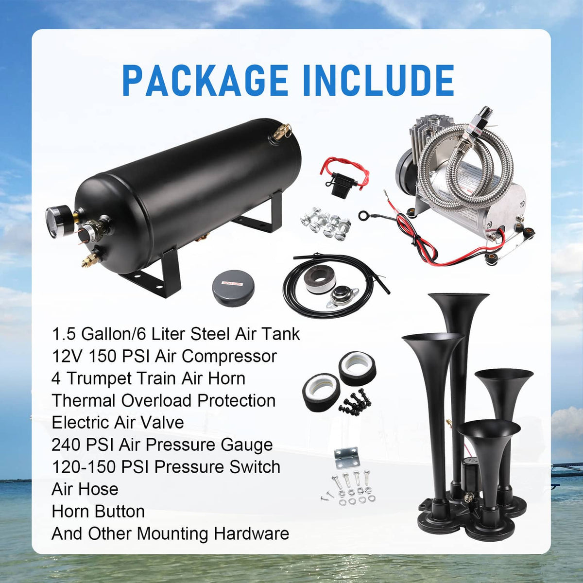 Solidspare Train Horn Kit 4 Trumpets Semi Loud System 1.5G Air Tank 150PSI FITS Truck Car
