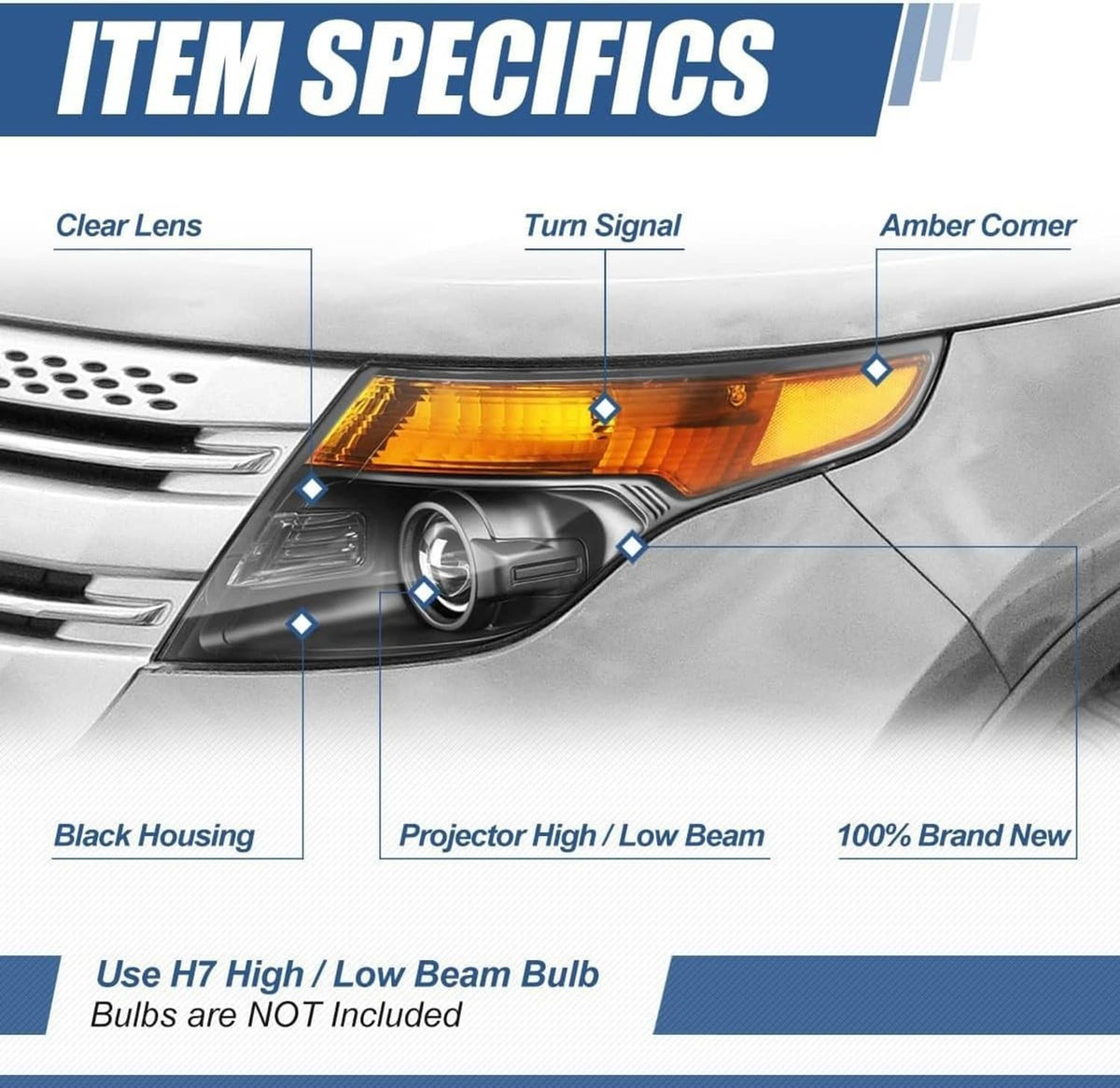 Solidspare For 2011-2015 Ford Explorer 11-15 Halogen Projector Headlights Chrome Clear Pair