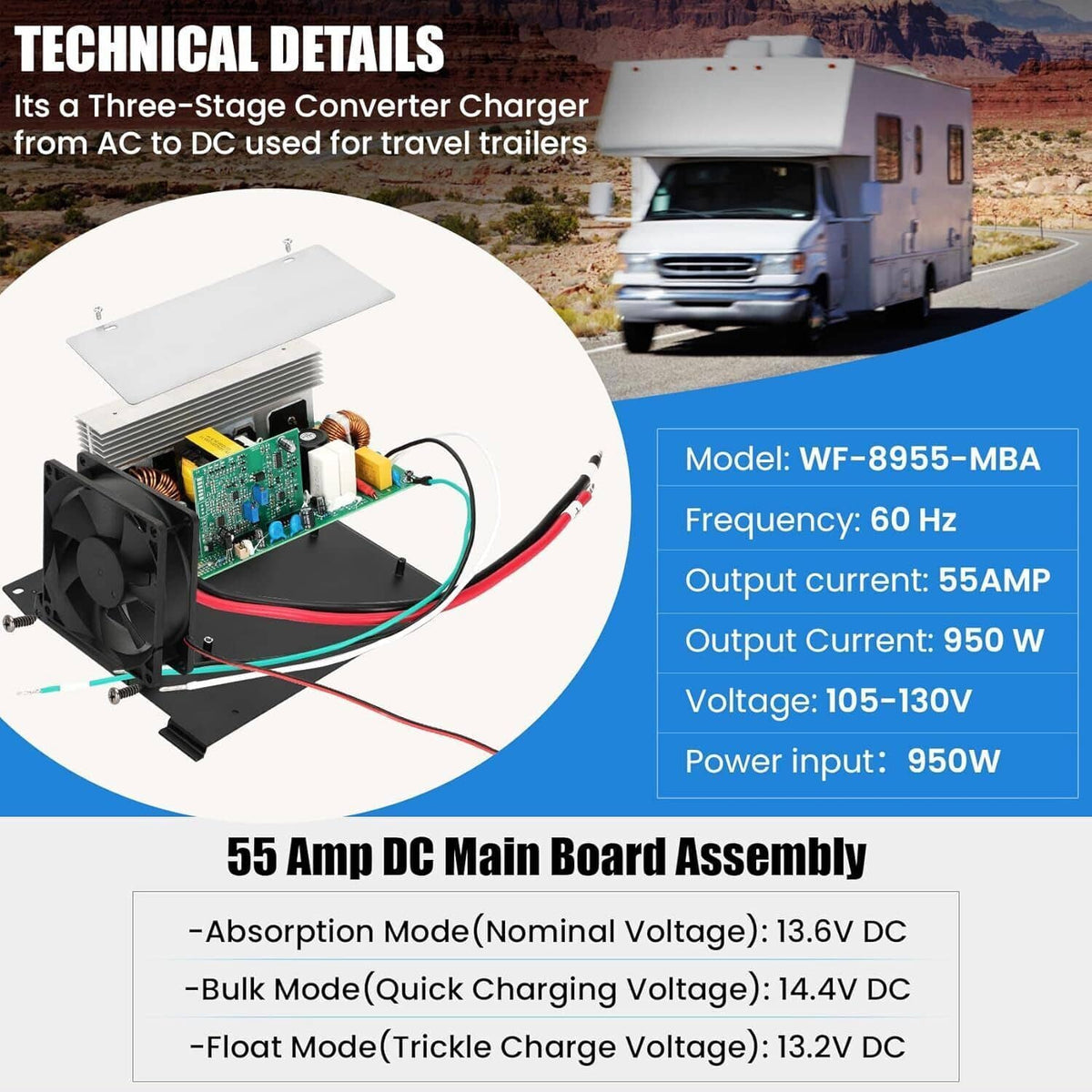 Solidspare 55 AMP 12V WF-8955-MBA RV Power Converter For Parallax 7145 7155 WF-8955 WF-8900